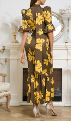 Chic Yellow Floral Puff Sleeve Maxi Dress with Ruffle Hem & Choker V-Neck