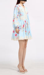 Chic Blue Floral Puff Sleeve Mini Dress with Lace Trim