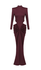 Jera Wine Elegant Cutout Ruched Maxi Dress