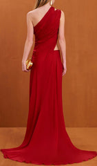 Show-Stopping Red One-Shoulder Ruched Cut-Out Maxi Dress
