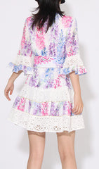 Erast Whimsical Wisteria Floral Tiered Mini Dress with Eyelet Lace Trim