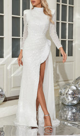 Bijan Glamorous White Sequin & Pearl Maxi Gown