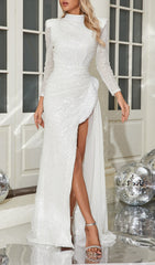 Bijan Glamorous White Sequin & Pearl Maxi Gown