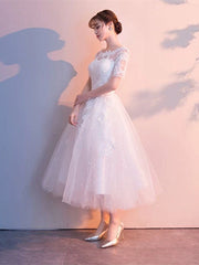 White Tulle Short Sleeves Tea Length Wedding Party Dress