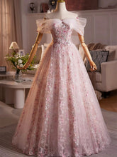 Vestido de fiesta rosa claro con corte en A de tul y encaje y hombros descubiertos