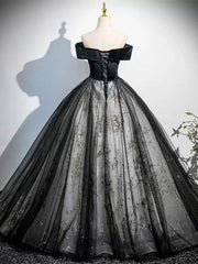 Black Tulle with Lace Off Shoulder Party Dress