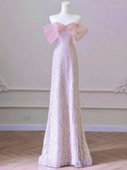 Precioso vestido de fiesta rosa con escote en forma de corazón de tul y cuentas, hombros descubiertos
