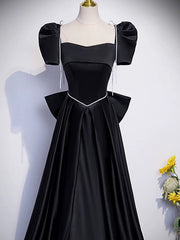 A-line Black Satin Short Sleeves Party Dress
