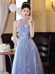 Light Blue Flowers Tulle Party Dress