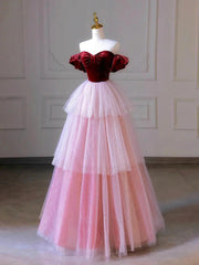 Vestido de fiesta con espalda baja, corte A, capas de tul y terciopelo rosa