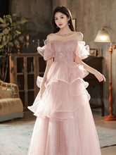 Pink Off Shoulder Tulle Shiny Long Prom Dress