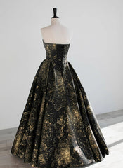 A-line Black and Gold Foral Satin Party Dress