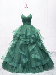 Vestido de fiesta elegante con escote en V y tirantes verdes en forma de A