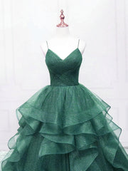 Vestido de fiesta elegante con escote en V y tirantes verdes en forma de A