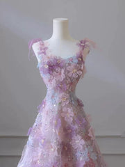 Vestido de fiesta largo con tirantes en A de tul y encaje rosa