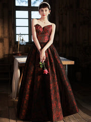 A-line V-neckline Floral Satin Black and Red Party Dress