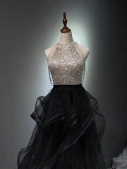Precioso vestido de fiesta de tul con cuentas y lentejuelas en forma de A