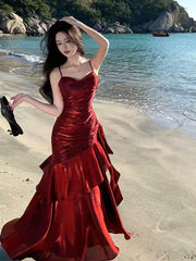 Lovely Wine Red Satin Mermaid Chic Sweetheart Prom Dress