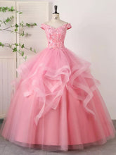 Vestido de fiesta de tul rosa con apliques de encaje