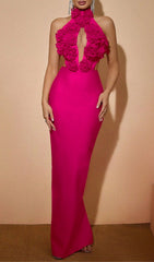 Showstopping Fuchsia 3D Floral Halter Neck Bandage Maxi Dress