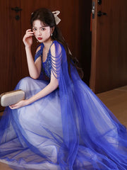 Blue and White V-neckline Floor Length Tulle Party Dress