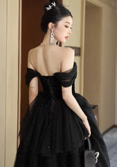 A-line Black Tulle and Velvet Layers Long Party Dress