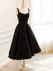 Black Satin Tea Length Straps Homecoming Dress