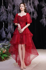 Wine Red Tulle High Low Short Sleeves Party Dress
