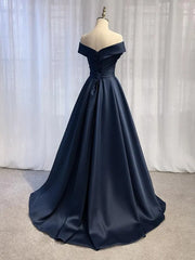 A-line Navy Blue Satin Off Shoulder Long Party Dress