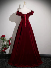 Vestido de fiesta de terciopelo rojo vino con hombros descubiertos, corte A y largo hasta el suelo