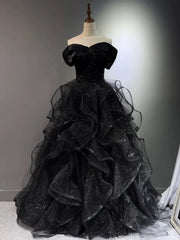 A-line Black Tulle Layers Beaded Off Shoulder Party Dress