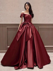 Vestido de fiesta de satén rojo vino, corte A, largo hasta el suelo, hombros descubiertos
