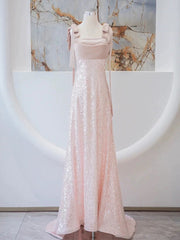 Vestido de fiesta largo con tirantes en forma de A y lentejuelas rosas