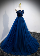 Blue Sweetheart Tulle and Velvet Long Party Dress