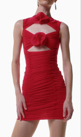 Baz Red Floral Cutout Ruched Bodycon Mini Dress