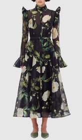 Eder Black & White Rose Print Sheer Midi Shirtdress