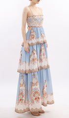 Jevic Serene Blue Bohemian Tiered Maxi Dress