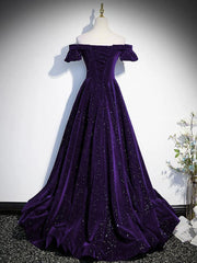 A-line Purple Velvet Off Shoulder Long Prom Dress