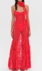 Carola Alluring Red Floral Lace Maxi Dress