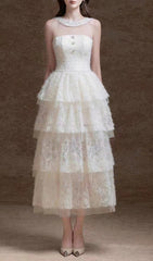 Elfreda White Tiered Lace Midi Dress with Illusion Neckline