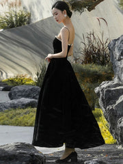 Elegant Velvet Black Straps Tea Length Party Dress