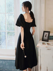 Black Velvet Tea Length Short Sleeves Wedding Party Dress