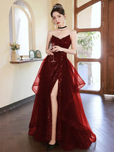 Wine Red Sequins A-line Strap Beaded Party Dress