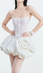 Irene White Strapless Corset Mini Dress with Floral Bubble Skirt