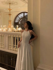 A-line Chiffon White Halter Long Party Dress