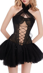 Sultry Isabella Black Halter Lace Mini Dress