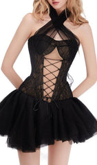 Sultry Isabella Black Halter Lace Mini Dress