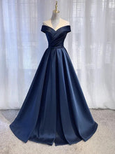 A-line Navy Blue Satin Off Shoulder Long Party Dress