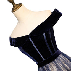 Navy Blue Tulle Off Shoulder Velvet Top Long Party Dress