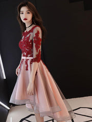 Red and Pink Tulle with Lace Short Sleeves Party Dress